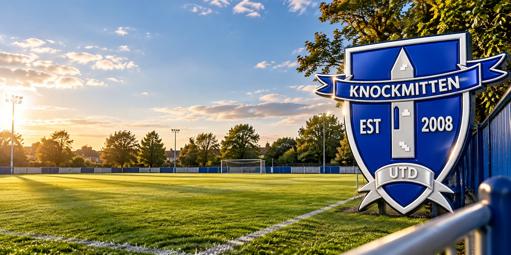 Knockmitten United FC crest beside a community football ground