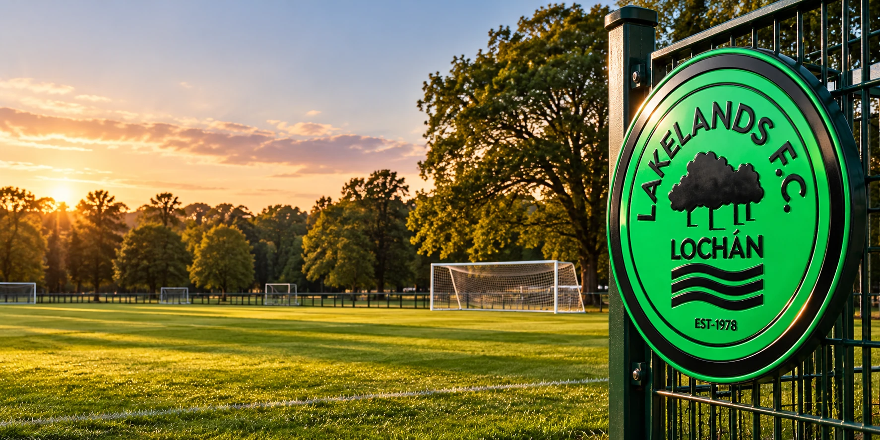 Lakelands FC crest beside a football pitch in Marlay Park
