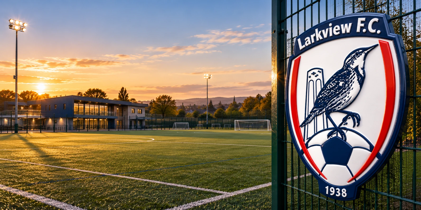 Larkview FC crest beside a floodlit football ground