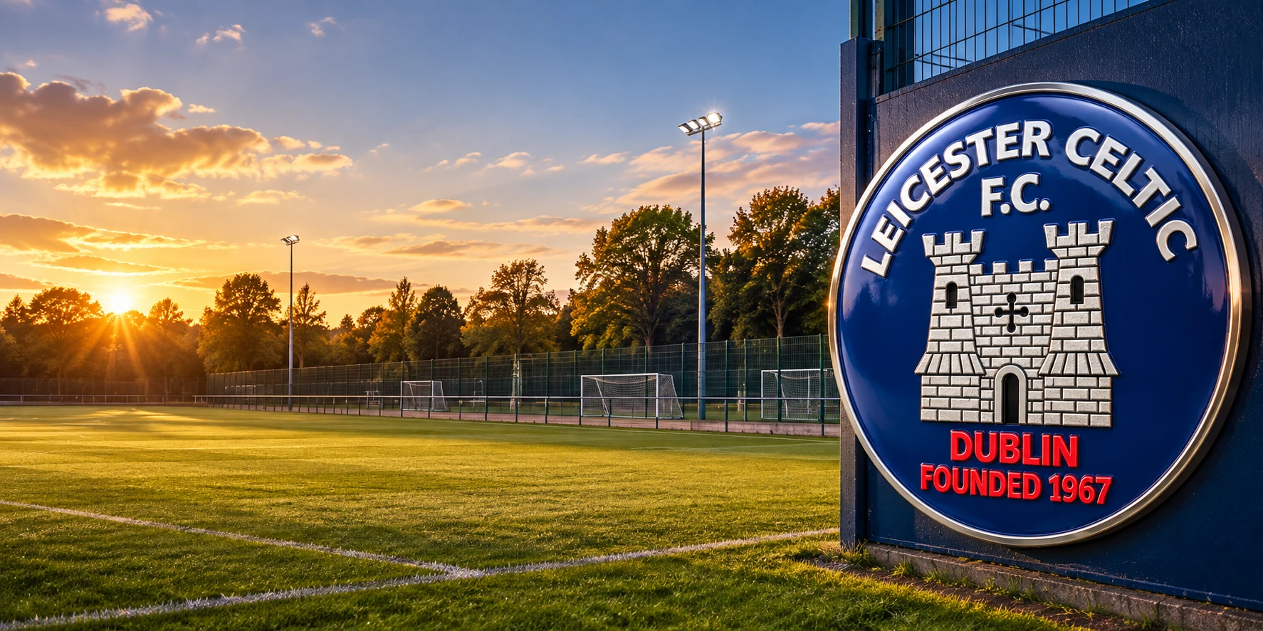 Leicester Celtic FC crest beside a football ground in Rathfarnham
