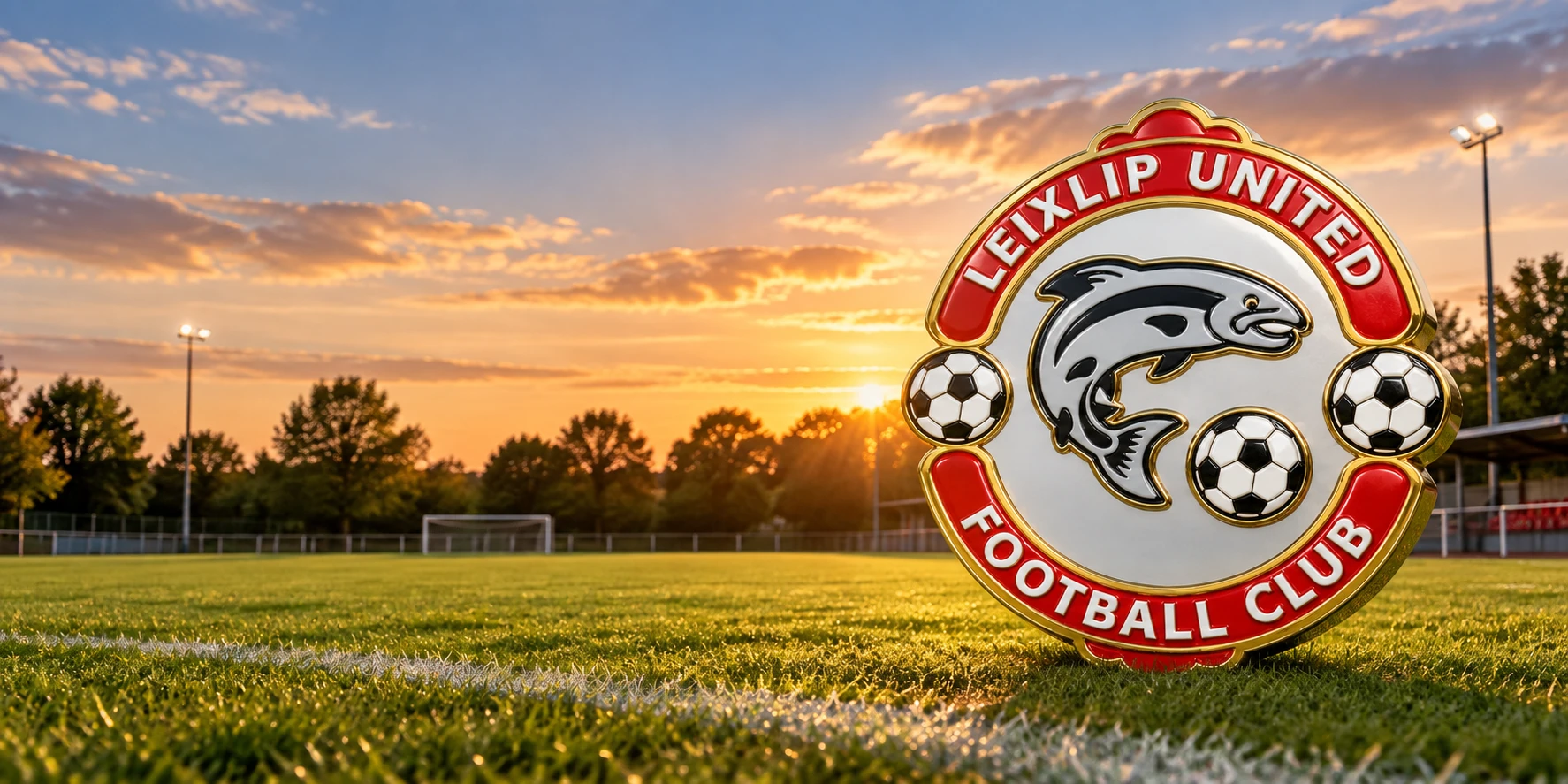 Leixlip United AFC crest above a football ground at sunset