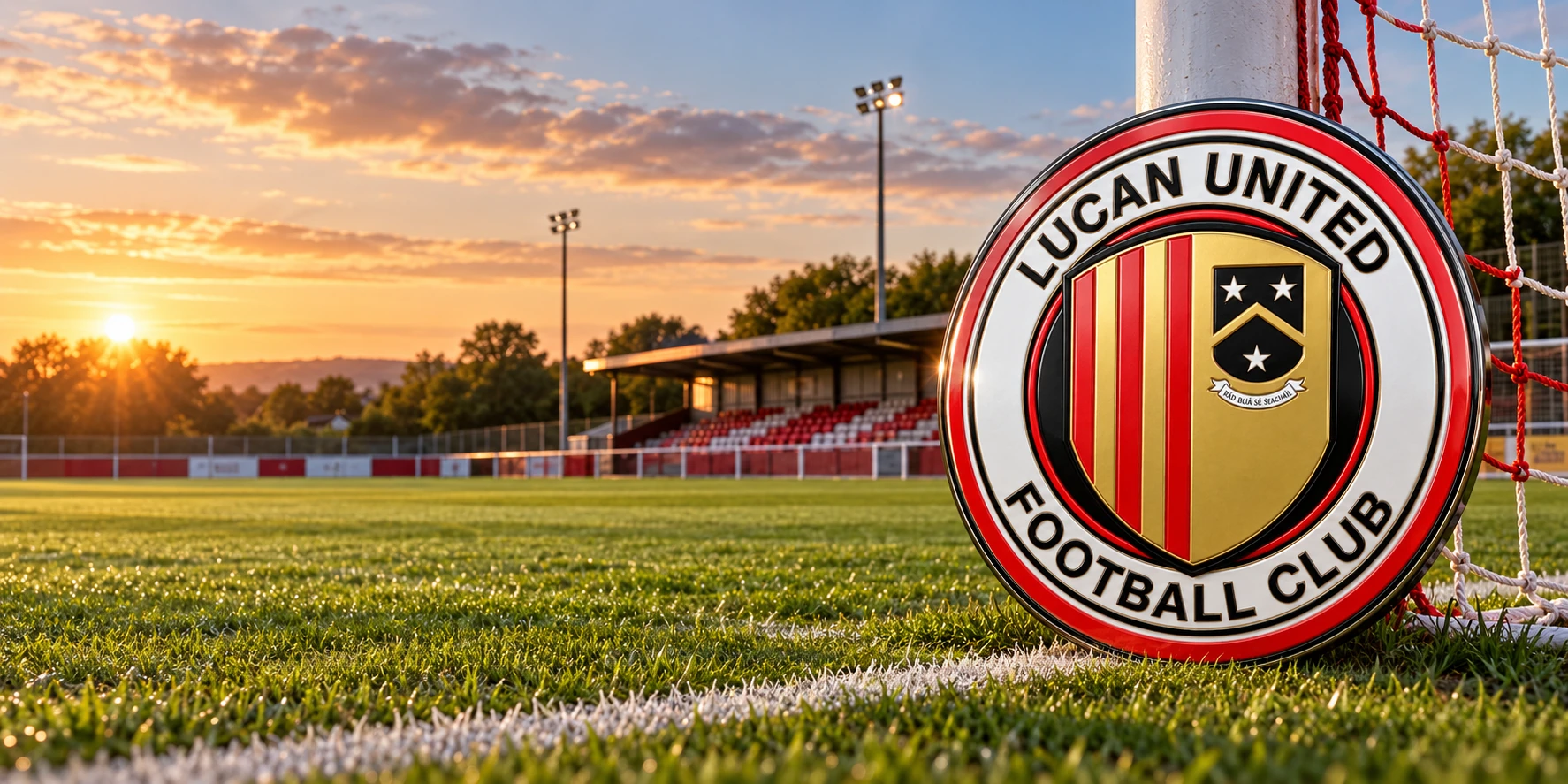Lucan United FC crest over a football ground in Lucan