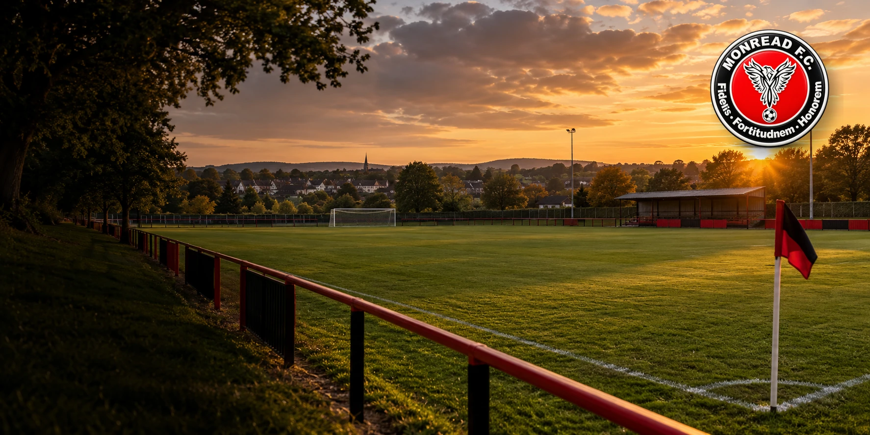 Monread FC crest over a Naas football ground at sunset