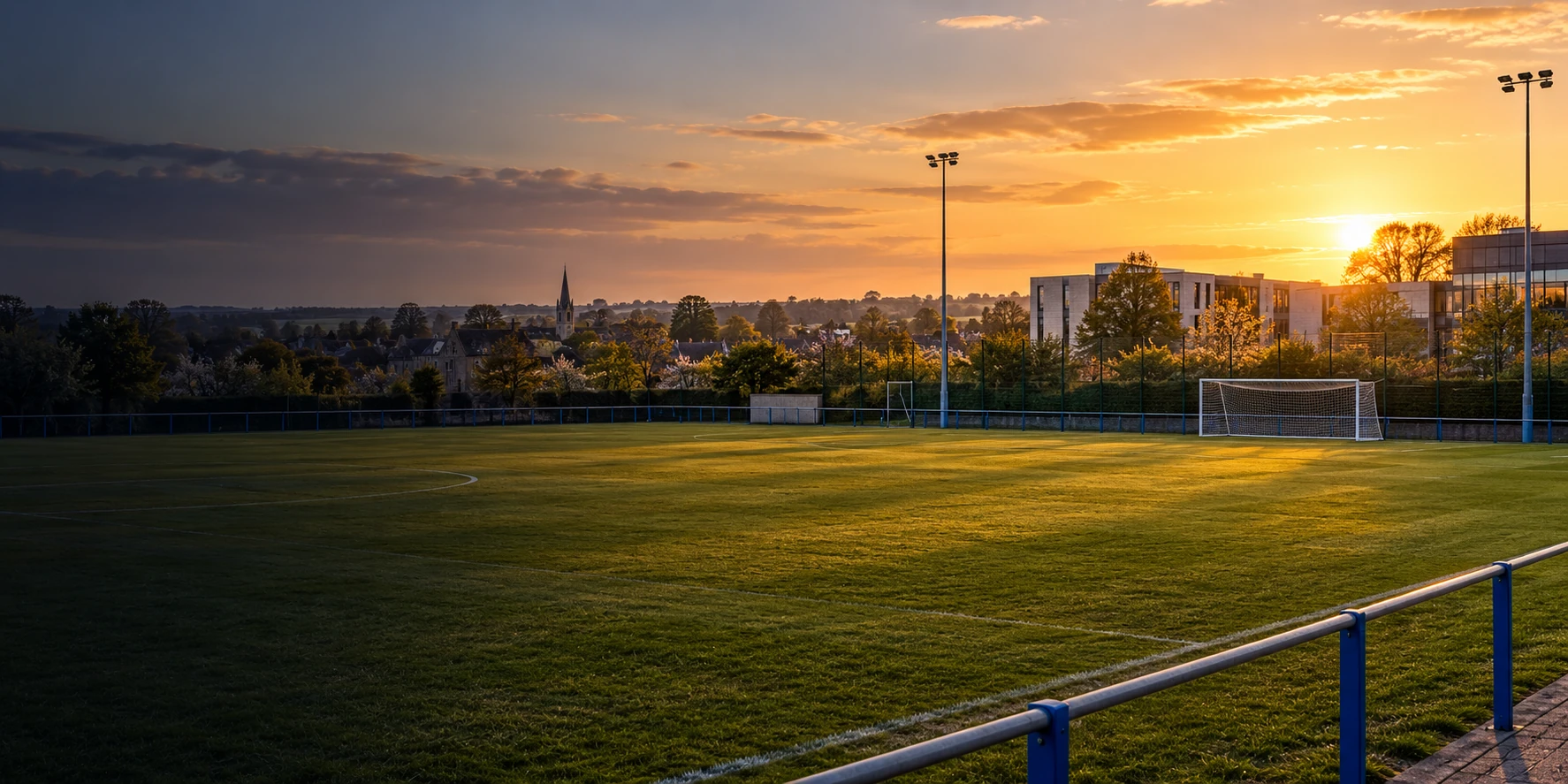 Maynooth United FC crest over a football pitch beside Maynooth Education Campus