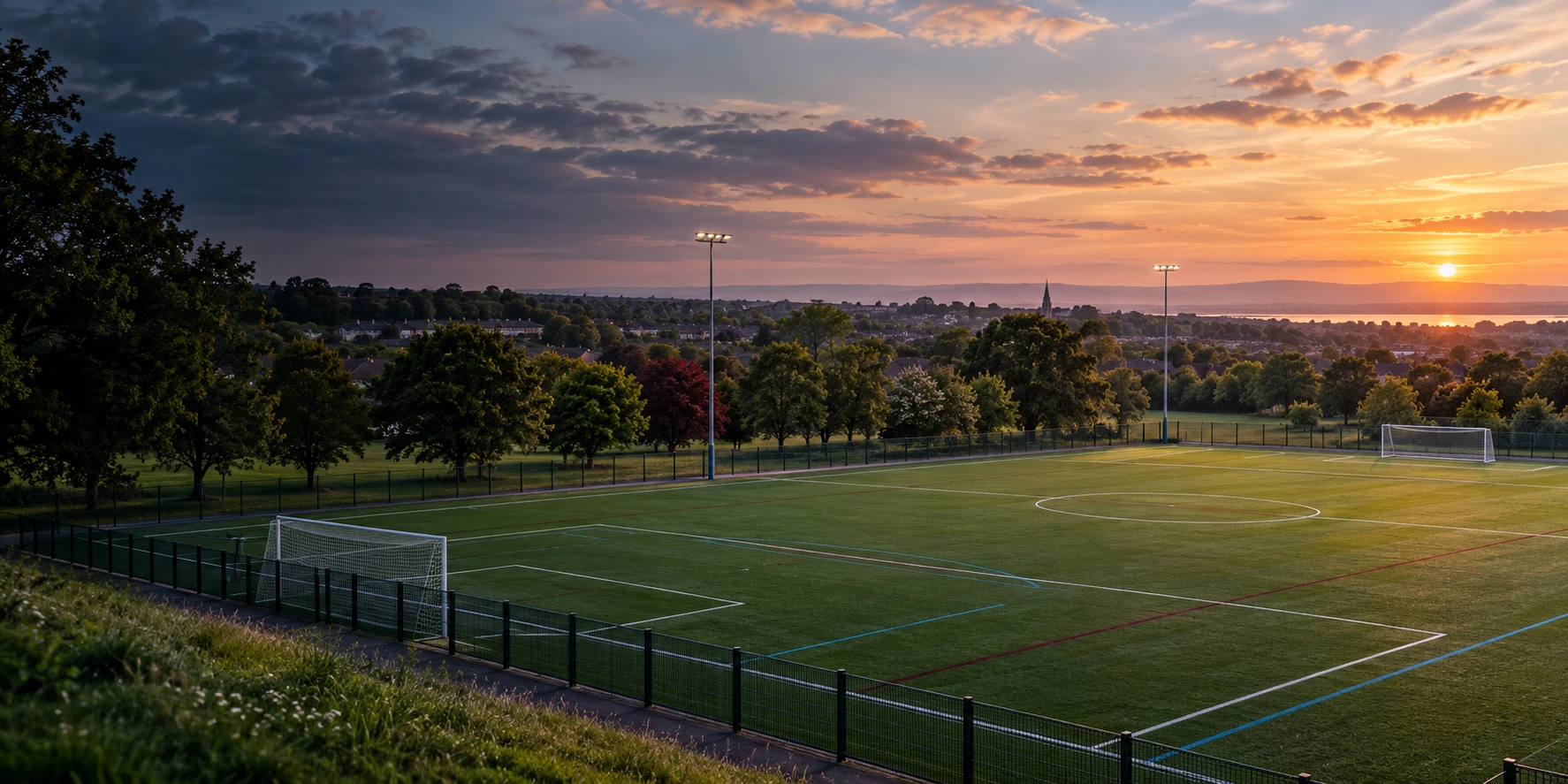 River Valley Rangers FC crest over a Swords football pitch and park