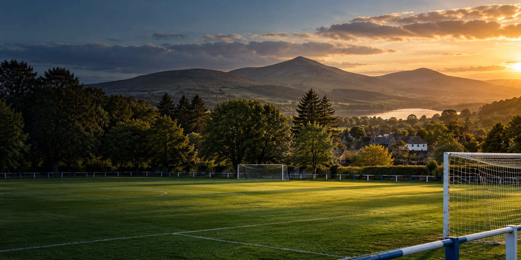 Roundwood FC crest over a Wicklow football pitch near Vartry Park