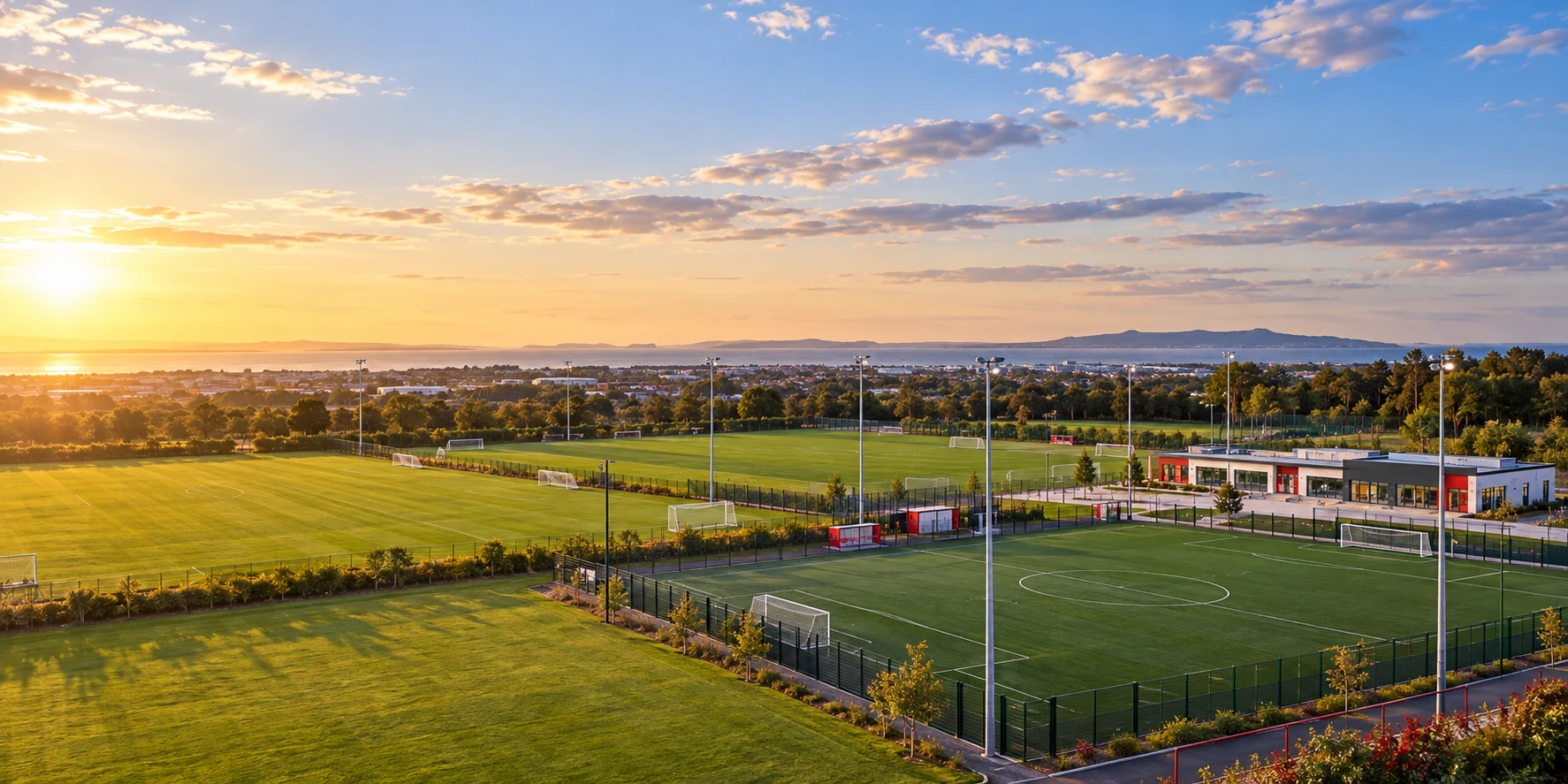 Shelbourne FC crest over football pitches at the AUL Complex near Dublin