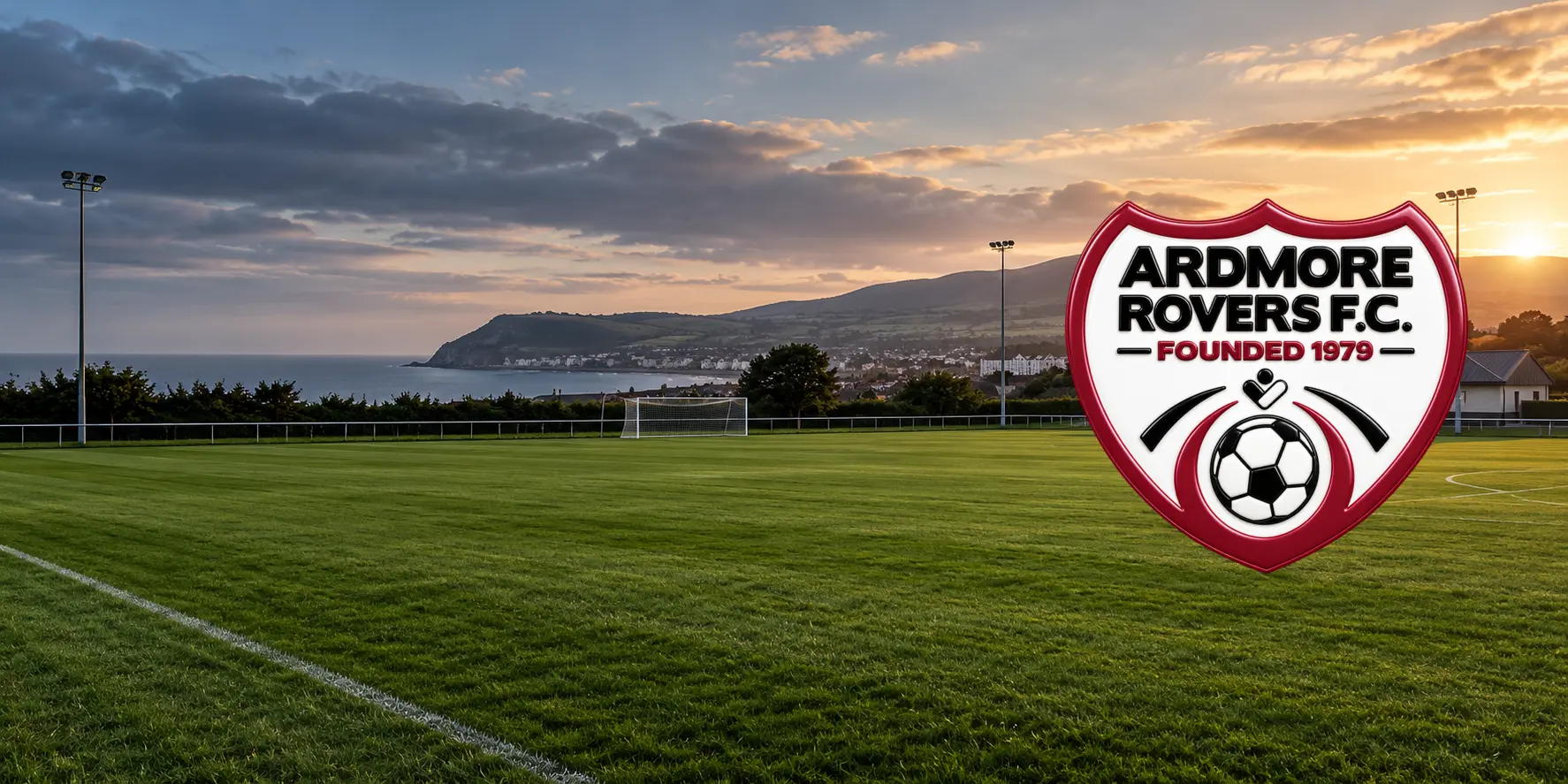 Ardmore Rovers FC crest over a Bray and Wicklow football ground landscape