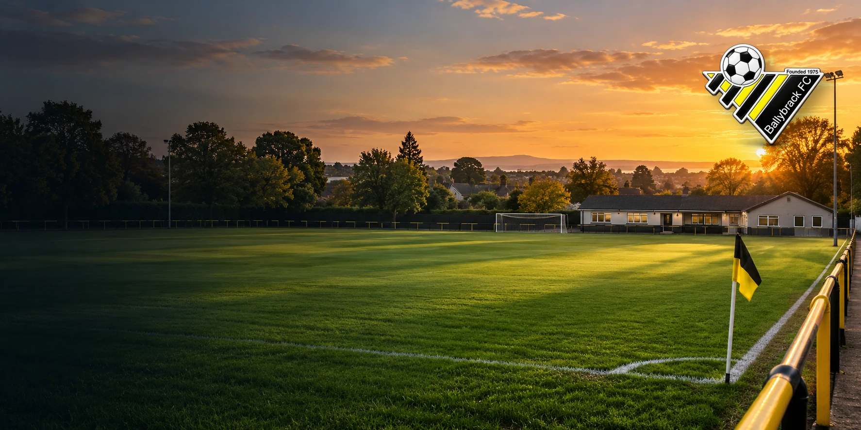 Ballybrack FC crest over a Coolevin football ground at sunset